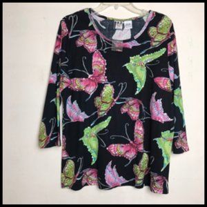 NWOT Butterflies & Sequins On Black Cotton 3/4 Sleeve Spring Summer Top Sz L